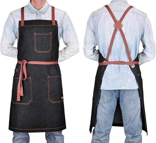 Cooking Apron with Pockets Mens Womens Professional Kitchen Bib Apron for Chef Grill BBQ (Black Denim with Cross Back Straps)