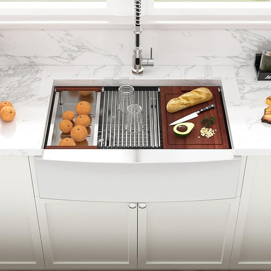 Sarlai 36 Farmhouse Kitchen Sink Double Bowl - 36 x 22 Inch Apron Front Stainless Steel 16 Gauge Ledge Workstation Farmer Sink Undermount Low Divide 60/40 Double Basin Under Counter Kitchen Farm Sinks