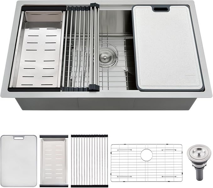 WHaor 33 Inch Kitchen Sink Undermount, 33x19 Stainless Steel Undermount Sink Ledge Workstation 16 Gauge Deep Single Bowl Handmade Under Counter Basin with Cutting Board