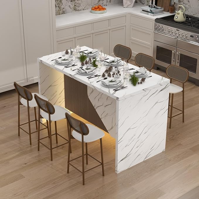 Faux Marble Dining Table for 6–8 – Modern Marble Kitchen Island with LED Lights, Marble Top Dining Table for Dining Room