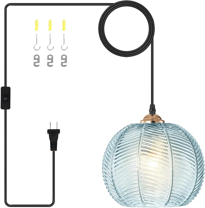 Blue Glass Plug in Pendant Light for Ceiling, 8.6" Plug in Hanging Lamp Pendant 14.76 FT Corded Light Fixture for Kitchen Plant Corner Living Room Office, Retro Plant Light