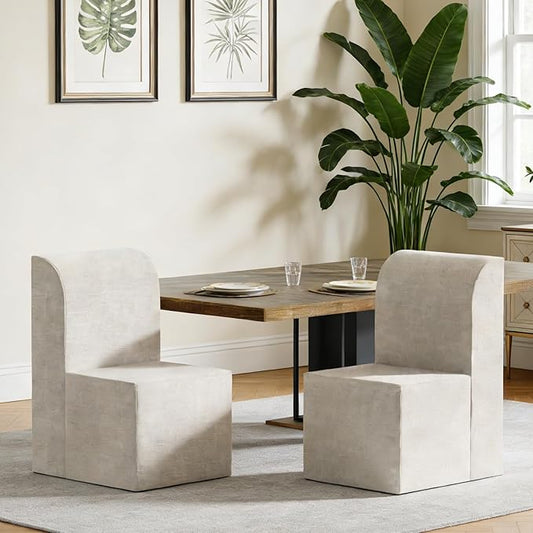 Set of 2 Linen Upholstered Armless Dining Chair, Modern Comfortable Dining Room Chair Side Leisure Chairs with Mid Back for Dining Room Kitchen Bedroom Reading Room, No Assemble, Beige