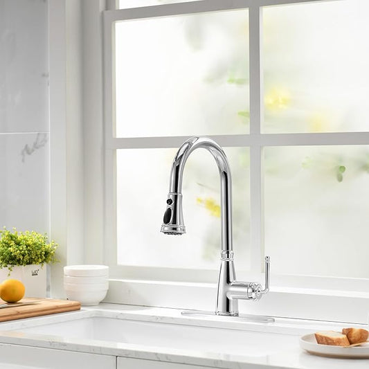 Kitchen Faucet with Pull Down Sprayer, 17 inch Polished Chrome Antique Single Handle Pull Out Kitchen Sink Faucet with Deck Plate for Classic Modern Ktichen