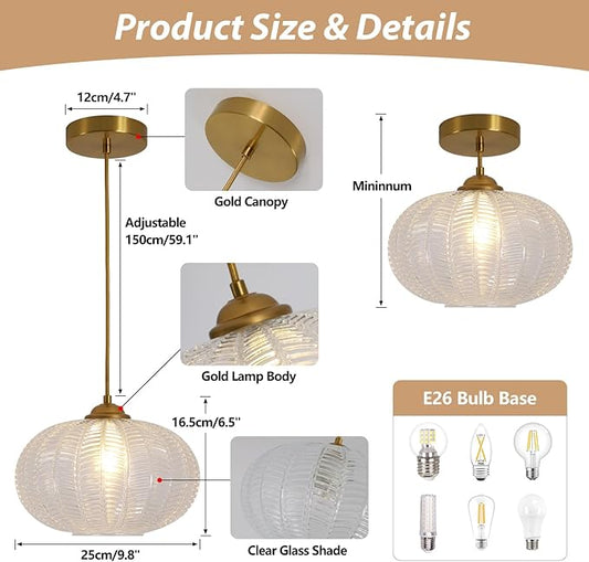 KCO Lighting Clear Ribbed Glass Pendant Light Vintage Brass Gold Pendant Lighting Large Globe Pendant Lights Kitchen Island Mid Century Modern Hanging Light for Living Room