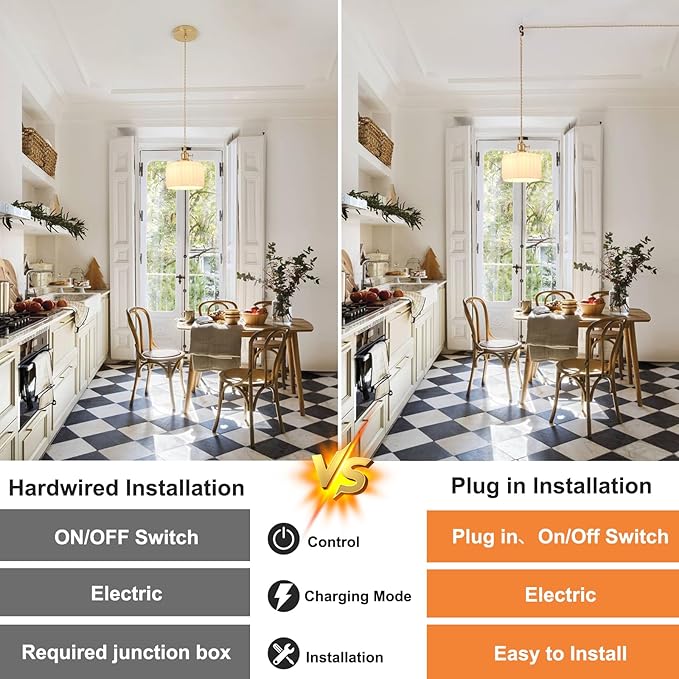 Shenmoyl Plug in Pendant Light Hanging Light Fixtures with Plugin Cord On/Off Switch,White Striped Glass Lampshade Brass Pendant Light