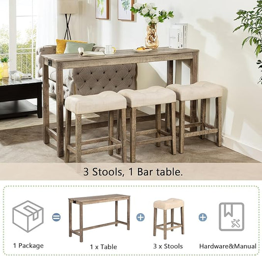 4-Piece Wooden Counter Height Dining Set w/ 3 Padded Stools, 59" Farmhouse Bar Table Set with Charging Station (USB & Power Outlet), Kitchen Island Table Barstools for Small Space, Brown
