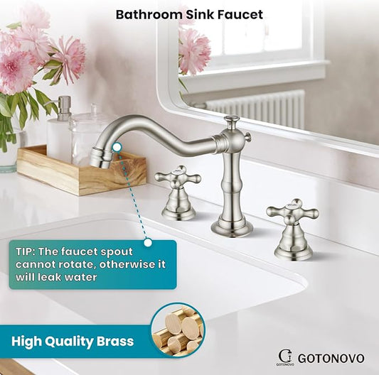 gotonovo Bathroom Faucet 3 Hole 8 Inch Widespread Bathroom Sink Faucet 2 Cross Handles Vintage Lavatory Vanity Mixer Tap with Pop Up Drain, Round Font Label, Brushed Nickel
