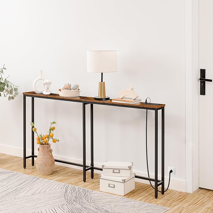 HOOBRO 63" Narrow Console Table with Charging Station, 5.9" Slim Sofa Table Behind Couch, 2 AC Outlets & USB-C Ports, Long Entryway Tables for Small Spaces, Livingroom, Rustic Brown BF165UXG01G1