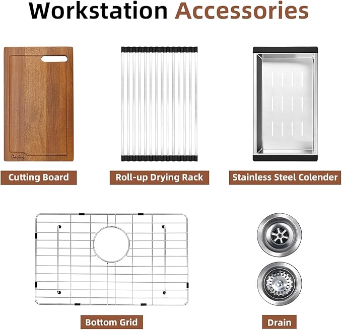 Davivy 25 Inch White Granite Composite Kitchen Sink Workstation, Quartz Kitchen Sink White, Drop in & Undermount Installation, Single Bowl Design with Accessories