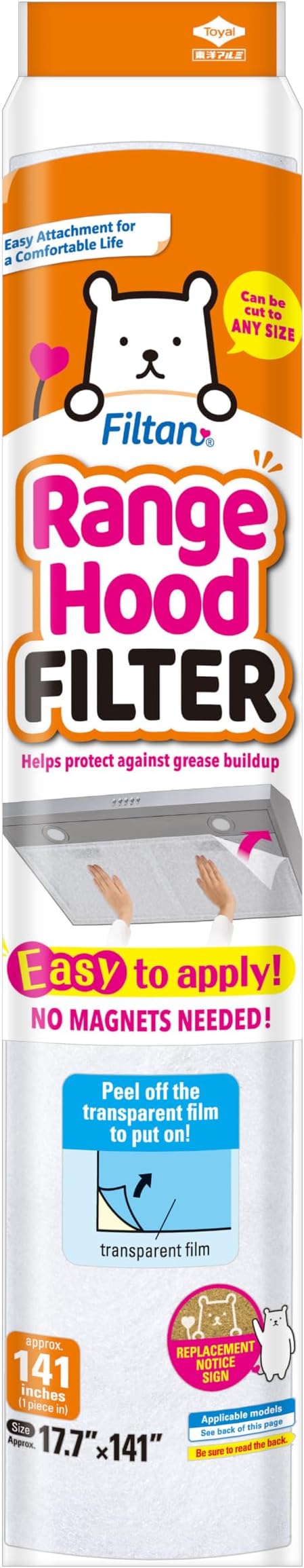 Easy Apply Range Hood Filter - Universal Size (141inches), Peel & Stick, Replaceable, FILTAN, Made in Japan