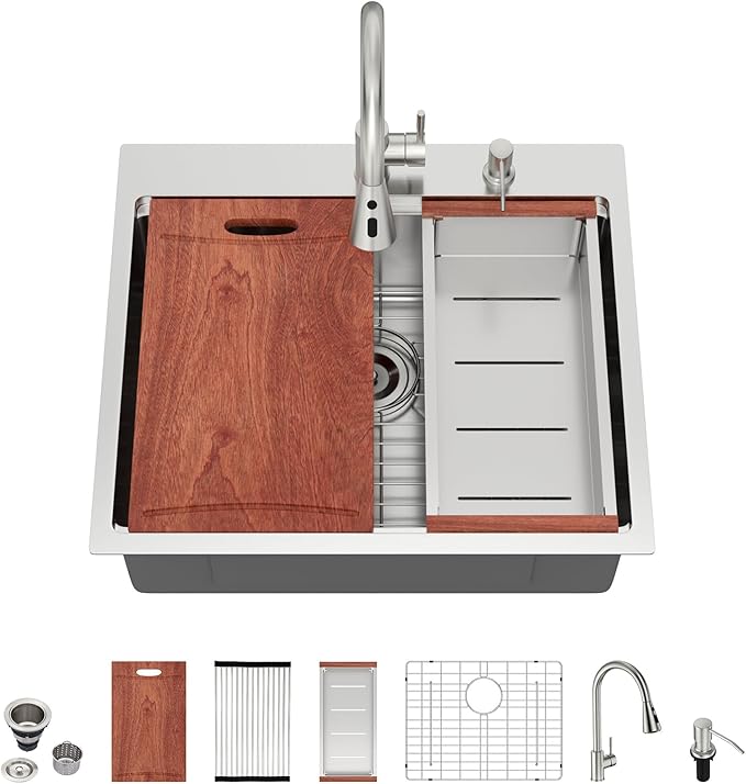 25 Drop In Kitchen Sink - Beslend 25x22 Kitchen Sink Drop In Workstation with Faucet, Stainless Steel Sinks and Soap Dispenser Topmount 16 Gauge Single Bowl Above Counter Dish Basin 9" Deep