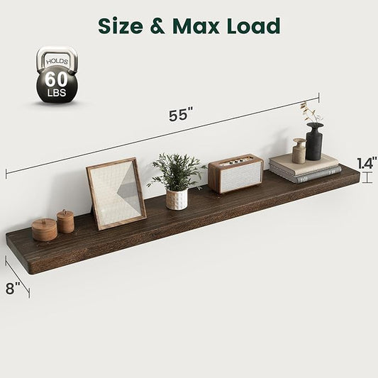 55 Inch Flat Edge Floating Shelves, 8 Inch Deep Solid Elm Wood Wall Shelf, Heavy-Duty Wall Mounted Shelf with Invisible Brackets for Living Room, Bathroom, Kitchen, Set of 1, Walnut Color