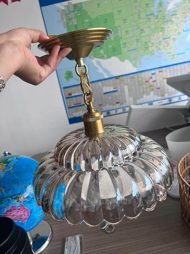 Green Glass Pendant Light, Vintage Brass Hanging Light Fixture, Fluted Shade Pendant Light, Adjustable & Sloped Ceiling Compatible, Kitchen Island Dining Room Lighting