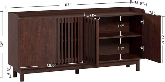 IRONCK 63" Storage Cabinet, Buffet Cabinet with Grille Doors and 2 Adjustable Shelves, Mid Century Sideboard for Kitchen, Dining Room, Entryway(Natural Red Walnut)