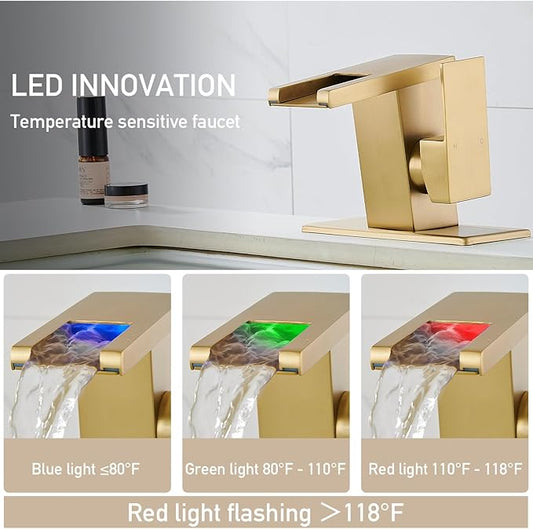 AVSIILE LED Bathroom Sink Faucet, Brushed Gold Waterfall Single Hole Handle Vanity Faucets for Sinks 1 Hole with Metal Pop Up Drain and 2 Water Supply Lines, Side Handle