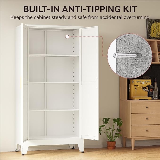 COFaR 61" Metal Pantry Cabinet with Adjustable Shelves, White Storage Cabinet with Doors and Shelves, Sturdy Freestanding Cupboard for Kitchen Pantry, Bathroom Storage, Living Room & Office