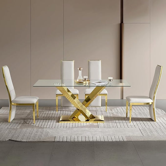 69” Modern Glass Dining Table for 6, Luxury Clear Tempered Glass Top with Gold X-Base Stainless Steel Legs, Elegant Rectangle Dining Room Table