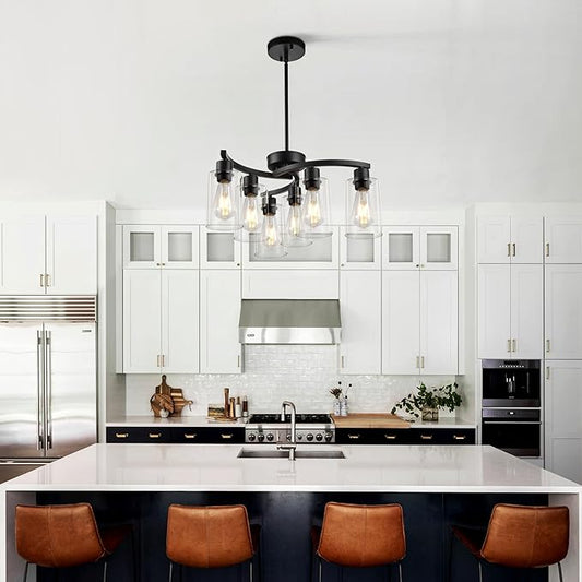 Sigaitwei 6 Light Modern Chandeliers for Dining Room,21.7" Black Hanging Light Fixture,Kitchen Pendant Lighting Over Island,Industrial Farmhouse Chandelier,Metal with Downward Clear Glass Shade