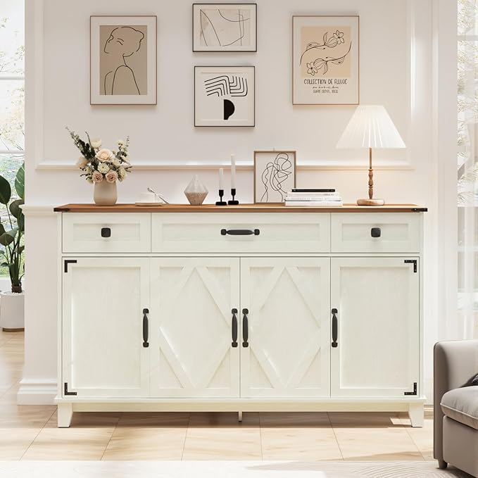 Farmhouse Buffet Cabinet with Drawers, 55" Large Sideboard Kitchen Buffet Storage Cabinet with 3 Adjustable Shelves and Doors Heightened Table Wood Coffee Bar for Kitchen Living Room, Off-White