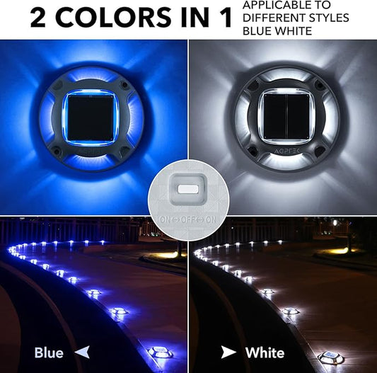AGPTEK Solar Driveway Lights Outdoor 16 Pack, 2 Color Modes LED Deck Dock Marine Waterproof Security Marker Lights for Step Sidewalk Stair Garden Pathway Walkway Yard(Blue Light/Cool White)