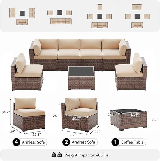 LazySunsets 7-Piece Patio Furniture Set, Wicker Rattan Outdoor Furniture with Thick Cushions, Patio Conversation Sets with Coffee Table, Outdoor Sectional Couch Sofa with Waterproof Cover, Beige