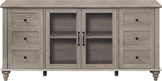 WAMPAT Farmhouse Sideboard Buffet Cabinet with Glass Door & Adjustable Shelf, Wooden Coffee Bar Table with Solid Wood Leg, Kitchen Storage Cabinet for Dining Room, Grey, 58 Inch