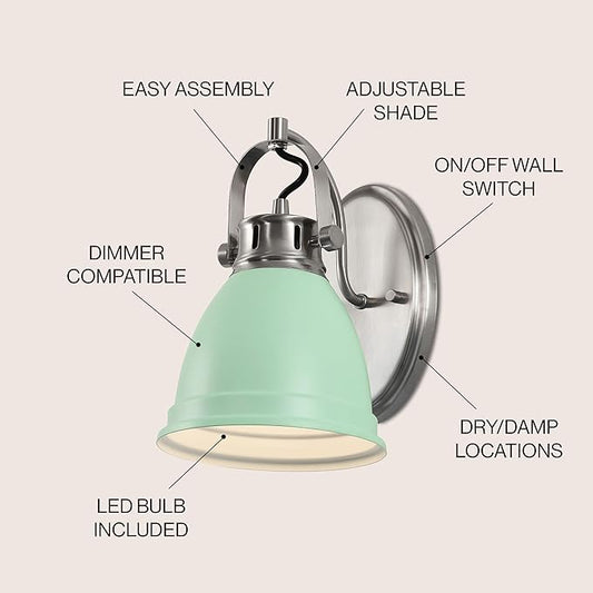 JONATHAN Y 7" Mint Green/Nickel 1-Light LED Vanity Light, Adjustable Wall Sconce for Bathroom Mirror, Farmhouse Bohemian Kitchen Light, Iron Black Bell Shade (JYL1114C)