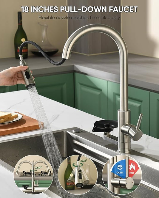 OWOFAN Kitchen Faucet with Cup Washer Pull Down Sprayer Stainless Steel Kitchen Sink Faucet with Deck Plate Glass Rinser Single Hole Brushed Nickel