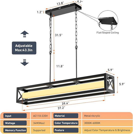 39.4" Farmhouse Kitchen Island Lighting, 34W Black Dining Room Light Fixture Over Table, LED Dimmable Rectangular Chandeliers for Dining Room, Industrial Linear Pendant Light with Remote