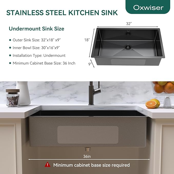 Kitchen Sink 32x18 Inch Undermount Kitchen Sink 16 Gauge Stainless Steel Single Bowl Gun Metal Black Finish with Accessories
