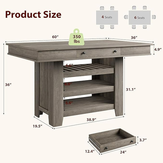 GAOMON 60" Counter Height Dining Table for 4, Farmhouse Rectangular Tall Bar Height Kitchen Dining Table & Thick Table Top, with Deepened Wine Rack & Shelves for Kitchen, Bar,Retro Gray