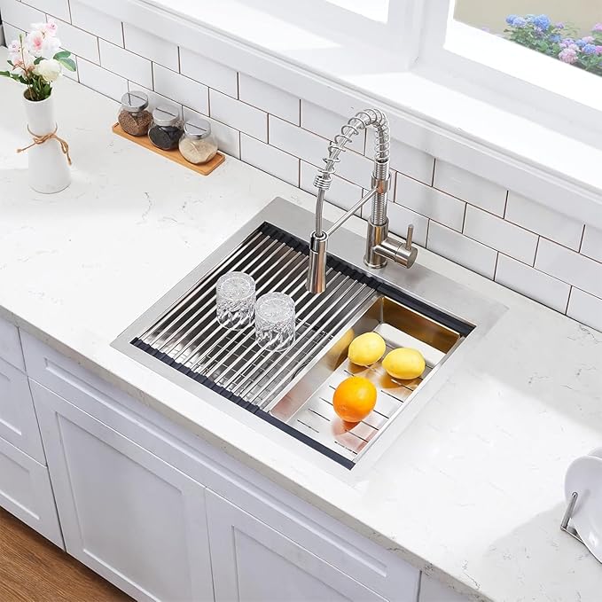 SHACO 21 Inch Drop In Kitchen Sink, 21 x 20 Inch Top Mount 16 Gauge Stainless Steel Single Bowl Workstation RV Small Kitchen Outdoor Laundry Wet Prep Sink with Accessories