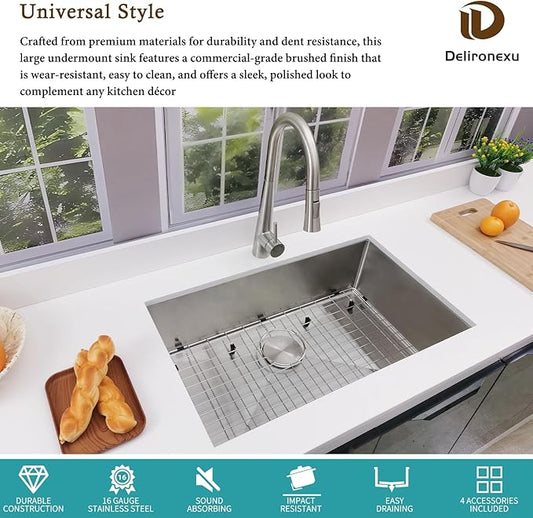 30 Inch Undermount Kitchen Sink - Delironexu 16G Stainless Steel Undermount Sink, 30''x18'' Deep Single Bowl Kitchen Sinks with 4 Accessories