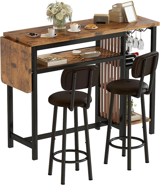 Recaceik 59" Bar Dining Table Set for 2, Bar Table and Chairs Set, Expandable Counter Height Dining Table Set, Small Kitchen Bar Table with Wine Racks & Storage, Breakfast Nook Set for Small Space