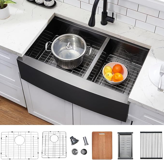 SHACO Double Bowl 60/40 Black Farmhouse Sink, 33x22 Inch Stainless Steel Apron Front Divided Double Basin Farmhouse Kitchen Sink, Gunmetal Black Farm Workstation Sink