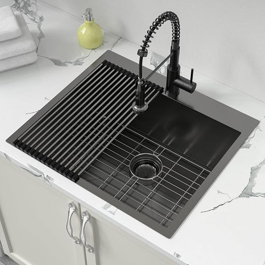 Sarlai Laundry Sink - Drop In 25"x22"x12" Deep Black Laundry Utility Sink Drop-in Topmount Single Bowl Sink 16 Gauge Stainless Steel Gunmetal Black Kitchen Laundry Room Sinks