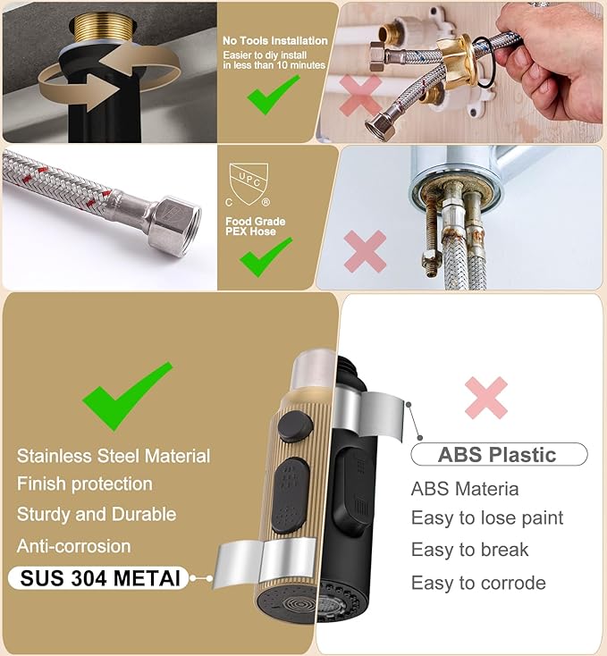 Kitchen Faucet with Pull Down Sprayer, 3 Spray Modes Metal Head, Stainless Steel Single Handle High Arc Kitchen Sink Faucet, for Farm,Bar, Fit for 1 or 3 Hole, Black and Gold