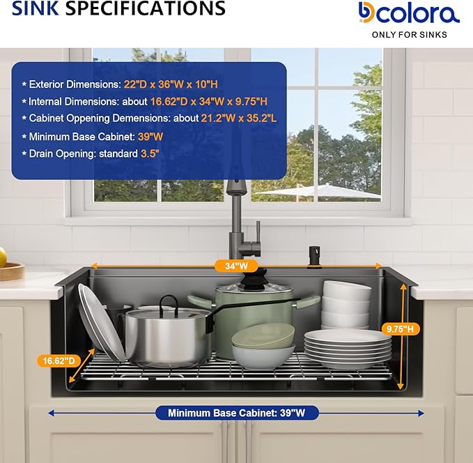 Dcolora 36 Inch Black Kitchen Sink,Drop In Kitchen Sink With Faucet Topmount Large Stainless Steel Workstation Single Bowl Nano Coating Surface Gunmetal Black, DC-SFDOE00006