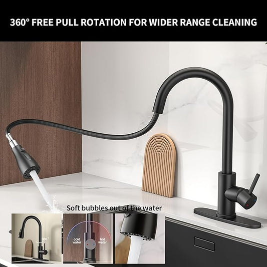 Kitchen Faucet with Pull Down Sprayer,Stainless Steel Single Handle Kitchen Faucet,1/3 Hole, Deck Plate Included,Suitable for farmhouses, Campers, Laundry Rooms, RVs, and Bars(Black)