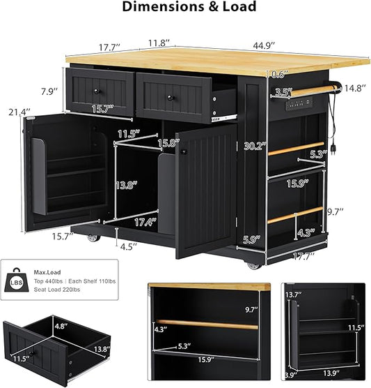 Ball & Cast 48" Large Kitchen Island with Power Outlet,Rolling Kitchen Cart on 5 Wheels W/Drop Leaf and 5 Open Side Racks,Kitchen Storage Cart W/Adjustable Shelf,for Kitchen,Dining Room,Black