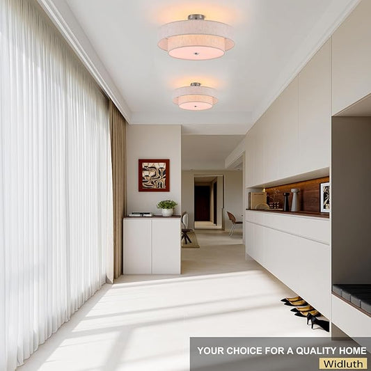 21.7" Modern Semi Flush Mount Ceiling Light 4-Lights Linen Drum Ceiling Lighting with Chrome Finish, Vintage Ceiling Light Fixture for Laundry Room, Kitchen, Living Room, Dining Room, Bedroom
