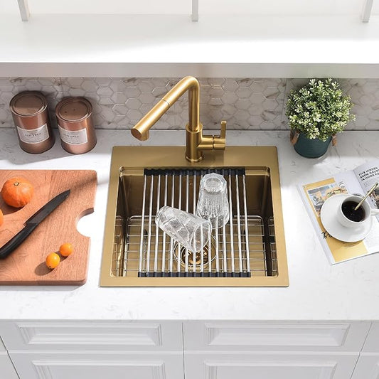 21x20 Inch Drop In Bar Sink - 16 Gauge Gold Stainless Steel Small Kitchen Sink, 10" Deep Single Bowl Workstation Sinks with Accessories for RV, Outdoor Kitchen & Wet Bar