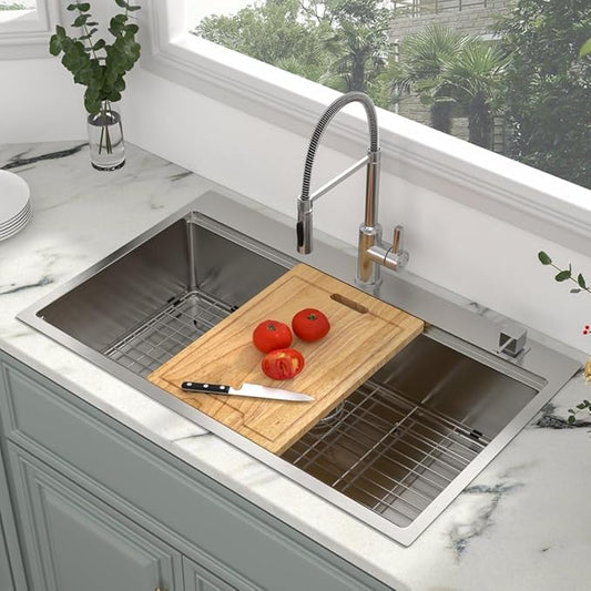 Kichae 36 Inch Drop in Kitchen Sink - 36x22 Drop Sink 16 Gauge Stainless Steel Ledge Workstation Single Bowl Topmount Overmount Handmade Basin
