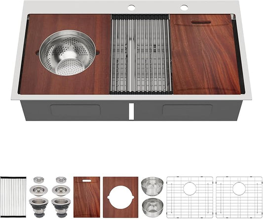 39-inch Drop In Kitchen Sink - Double Bowl 50/50 Multifunctional Workstation Large Kitchen Sink, 304 Stainless Steel 16 Gauge Above Counter Sinks for Kitchen with Mixing Bowl, 39''x22''x10''