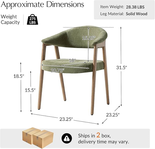 HULALA HOME Mid-Century Modern Dining Chairs Set of 4, Green Wooden Upholstered Kitchen Chairs with Armrest, Curved Backtrst & Wood Legs Armchairs Accent Chairs for Dining Living Room - Moss