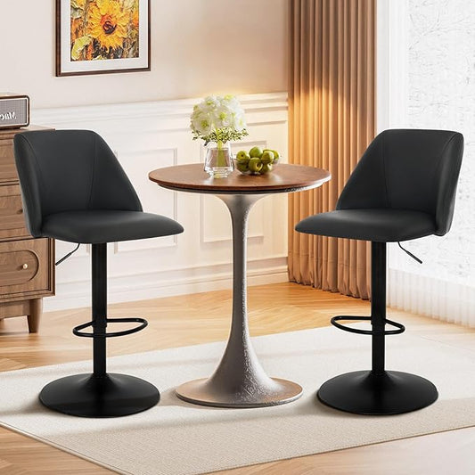 COLAMY Bar Stools Set of 1, Modern Swivel Bar Chairs, Adjustable PU Leather Upholstered Barstools Counter Height with Square Open Back for Bar, Kitchen Island, Dining Room, Black