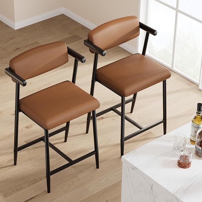 GarveeHome Counter Height Bar Stools Set of 8 with Armrests, 26" Upholstered 8pcs Tall Bar Stools Set, Long Backrest & Extra Thick Cushion, Modern High Barstools for Kitchen Island, Pub, Coffee Brown