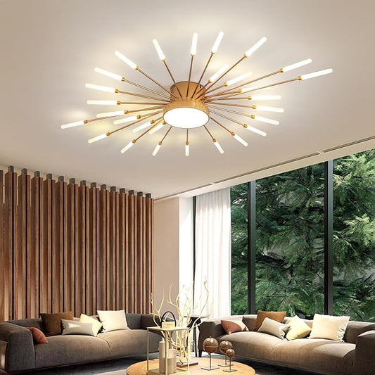 JAYMP 41.3" Ceiling Light Modern Flower Shape Ceiling Lamp for Living Room Dining Room Flush Mount Metal Acrylic Sputnik Firework Petal LED Lighting Fixture (Matte Gold, 28+1 Lights)