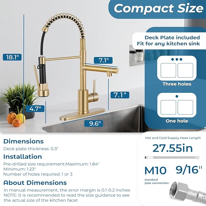 Kitchen Faucets with Pull Down Sprayer, Single Handle Double Headed, Stainless Steel Commercial Kitchen Sink Faucet with Deck Plate Cover, 1 or 3 Hole, Brush Gold