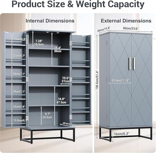 kepptory 51" Kitchen Pantry Storage Cabinet, Freestanding Pantry Cabinets with Doors andAdjustable Shelves, Buffet Cupboards Storage Cabinet for Home Office Use, DinningRoom(Grey)